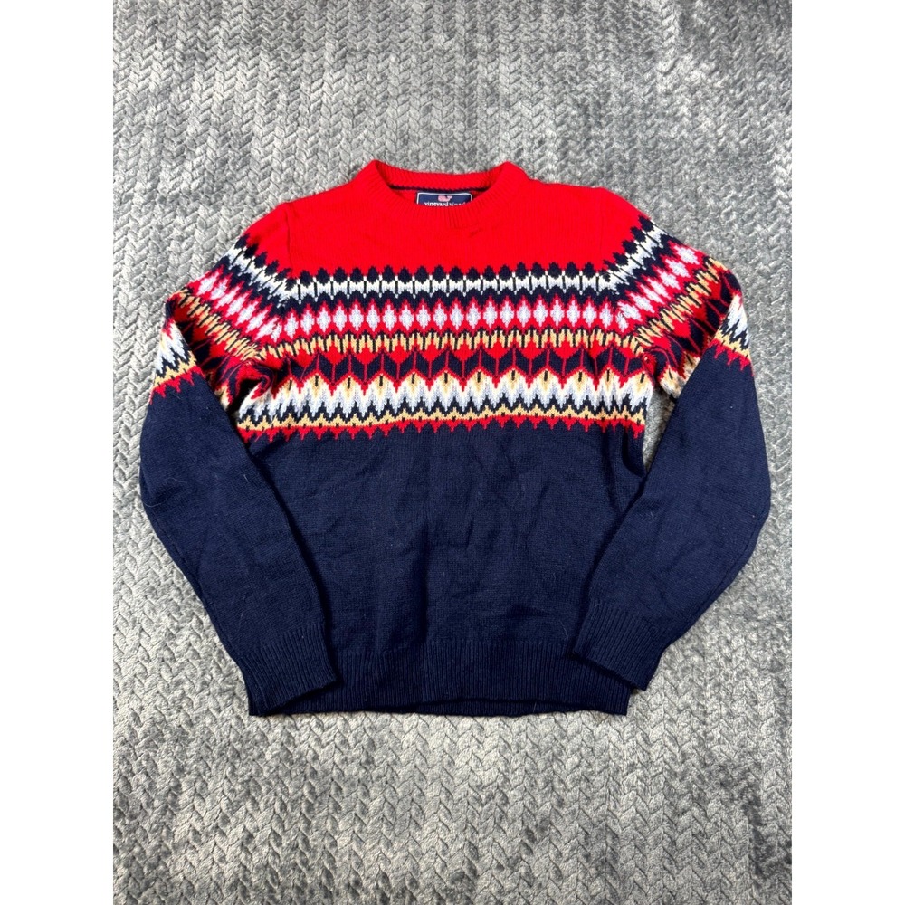 Vineyard Vines By Shep & Ian Sweater Boys M 12-14 Blue Red Fair Isle Merino Wool